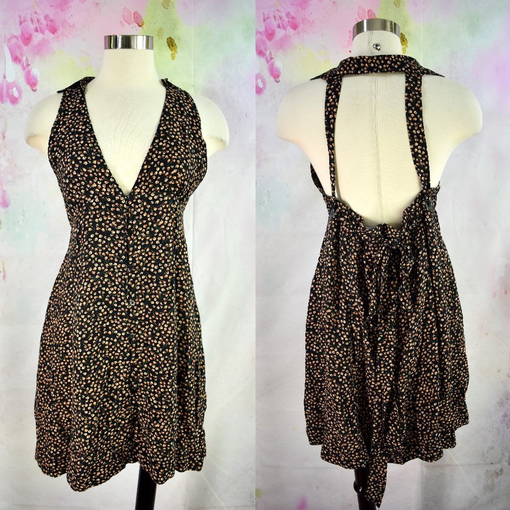 FREE PEOPLE Mini Dress XS Retro Floral Buttons Open Back Tie Straps Grommets